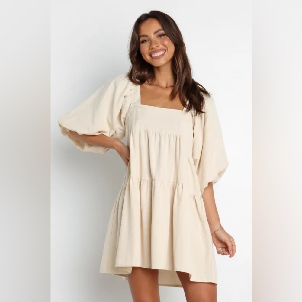 Revolve SNDYS Tan Poof Sleeve Mini Dress Large